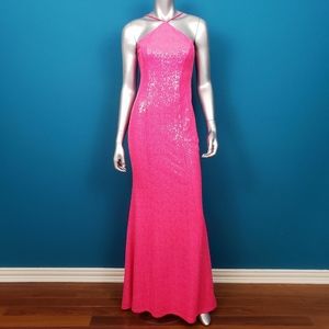 🆕️🧜‍♀️🎬 GODDIVA Retro Hot Pink Sequin Halter Maxi Dress // (NWT)